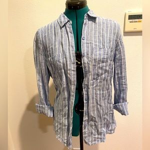 100% linen blue striped button up